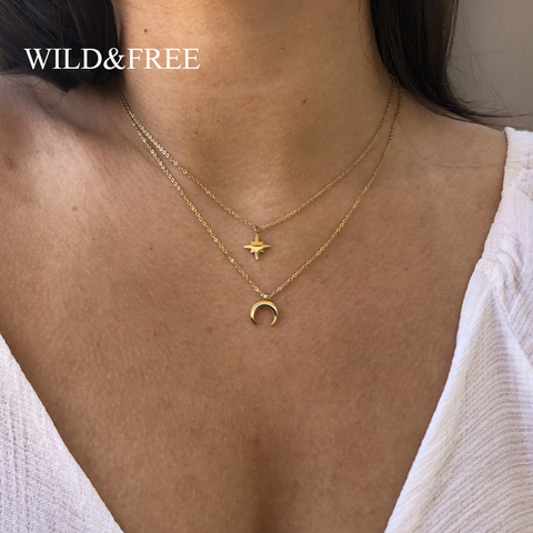 Sauvage & gratuit lune étoile collier en couches pour femmes fille pull colliers et pendentifs or charme acier inoxydable mode bijoux cadeau ► Photo 1/6