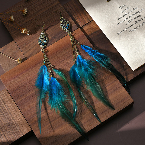 Boucles d'oreilles longues style Boho rétro, plumes exagérées, pour femmes, thaïlande, indien, chaîne en strass en forme de goutte, bijoux de mariage ► Photo 1/6