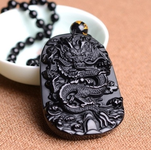 Collier de perles en pierre naturelle, pendentif Dragon noir, amulette de mascotte chinoise ► Photo 1/2