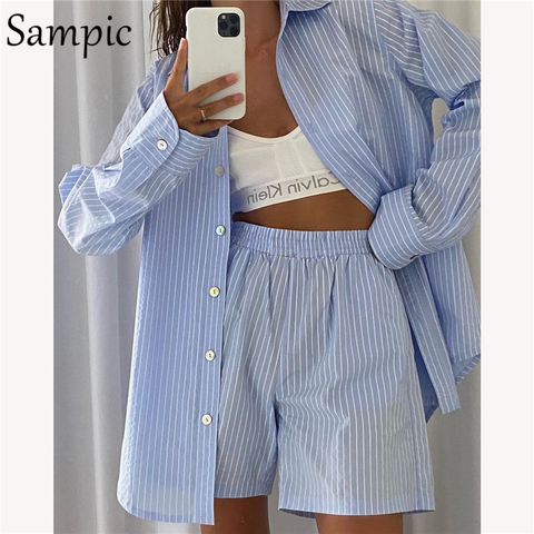 Sampic Loung survêtement femmes ensemble short et haut à manches longues à rayures chemise hauts et lâche taille haute Mini short ensemble de deux pièces 2022 ► Photo 1/6