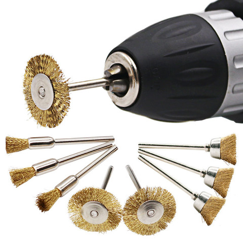 Brosses métalliques en fil de cuivre, brosse pour enlever la rouille, brosse de polissage pour outil de meuleuse rotative Dremel, roue en T à poignée de 3mm 3 pièces ► Photo 1/5