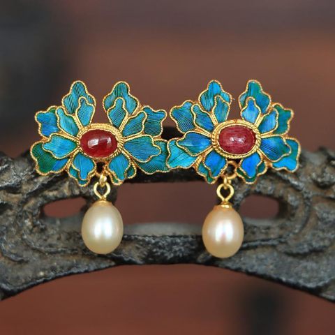 Création originale artisanat cloisonné soie dorée rubis perle boucles d'oreilles style chinois rétro palais unique charme femmes bijoux en argent ► Photo 1/6