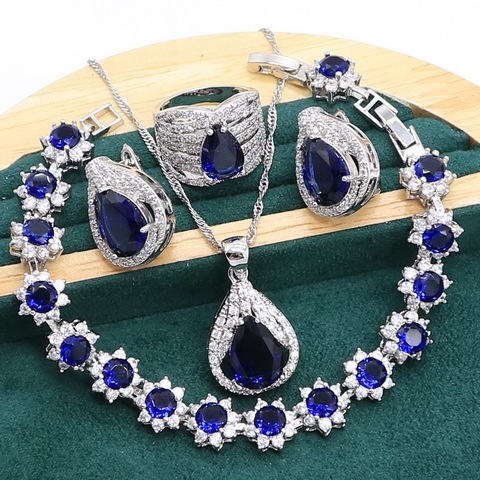 Saphir bleu Royal 925 ensemble de bijoux en argent Sterling pour les femmes Bracelet boucles d'oreilles collier pendentif bague ► Photo 1/6