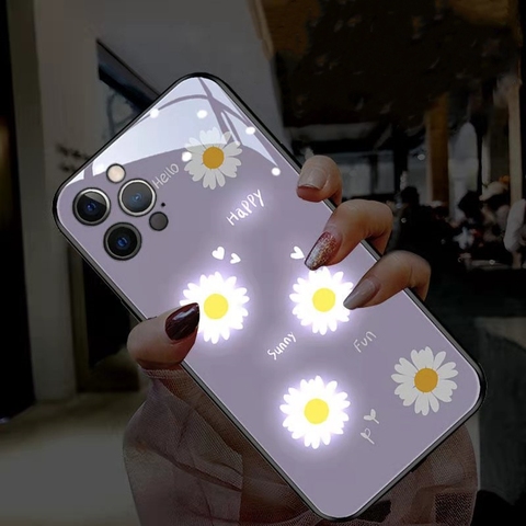 Lumière Flash Coque Arrière Pour iPhone 12 Mini 11 Pro 7 7 8 Plus X XS Max SE Trempé Verre Violet Daisy Fleur Couverture ► Photo 1/6