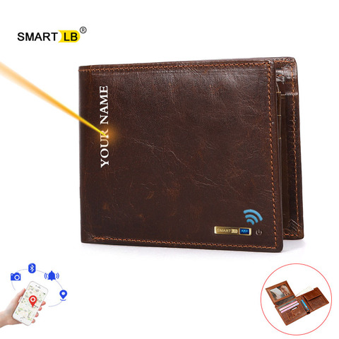 Portefeuille intelligent Bluetooth Crazy Horse cuir court porte-cartes de crédit mâle porte-monnaie en cuir véritable hommes portefeuilles gravure gratuite ► Photo 1/6