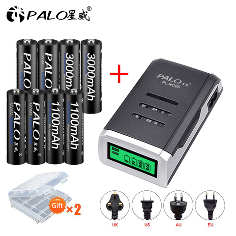 PALO 4 pièces 1.2V NI-MH AA batterie rechargeable + 4 pièces 1.2V aaa piles rechargeables + écran LCD chargeur de batterie intelligent pour AA AAA ► Photo 1/6