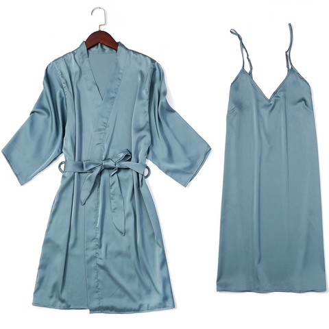 2 pièces ensemble de sommeil Satin nuisette & Robe costume chemise de nuit femmes Sexy Kimono peignoir Robe intime Lingerie soyeuse maison vêtements de nuit ► Photo 1/6