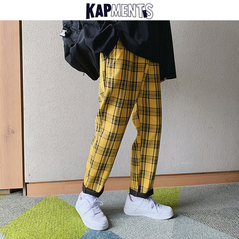 KAPMENTS Streetwear jaune Plaid pantalon hommes Joggers 2022 homme décontracté droite Harem pantalon hommes coréen Hip Hop survêtement pantalon grande taille ► Photo 1/6