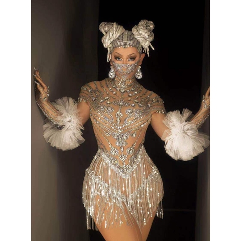 Body à manches courtes avec paillettes et strass scintillants pour femmes, Costume de chanteur de Bar, tenue de fête, Costume de scène de danse, 2022 ► Photo 1/6