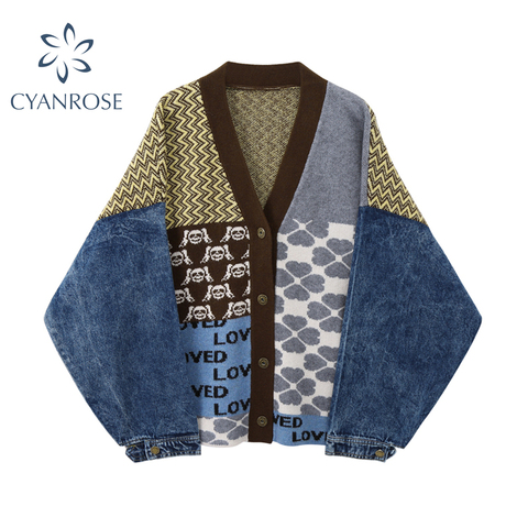 Vintage tricoté Cardigan pull femmes Patchwork Denim manteau col en V à manches longues tricots décontracté vêtements amples femmes hauts ► Photo 1/6