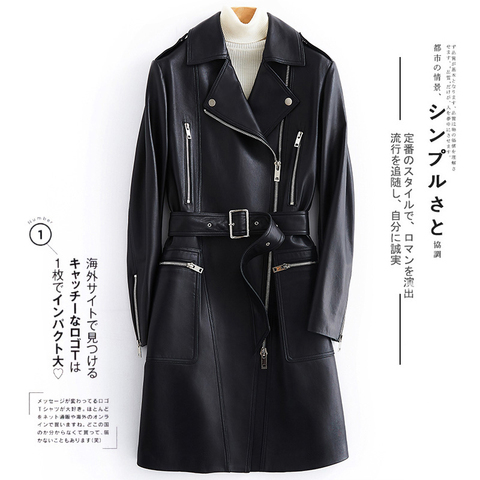 Lautaro-trench-coat en cuir noir femme avec plusieurs poches, fermeture éclair, ceinture à revers, grande taille, printemps ► Photo 1/6