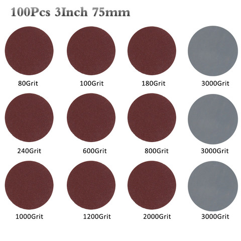 100 pièces 3 pouces 75mm papier de verre 80-3000 grain ponceuse disque disques de ponçage disque de coupe Backer ensemble pour polissage nettoyage abrasif outil ► Photo 1/6