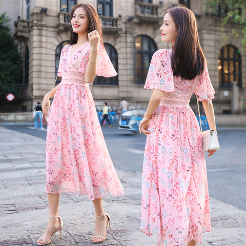 Femmes longue mousseline de soie robes florales été 2022 piste fée rose fête robe de nuit élégant Boho Tropical plage vacances robe de soleil ► Photo 1/5