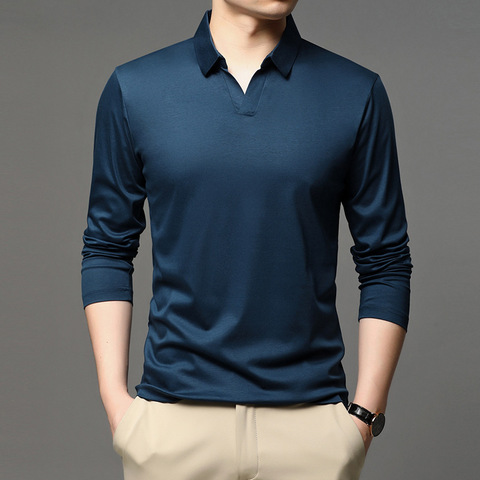 Polo en coton mercerisé homme à manches longues confortable marque Poloshirt tenue décontracté automne couleur unie Polo Hombre ample noir ► Photo 1/6