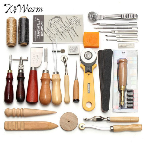 KiWarm Professionnel 37 pcs En Cuir Artisanat Outils Kit Main À Coudre Couture Poinçon Sculpture Travail Selle Leathercraft Accessoires ► Photo 1/6