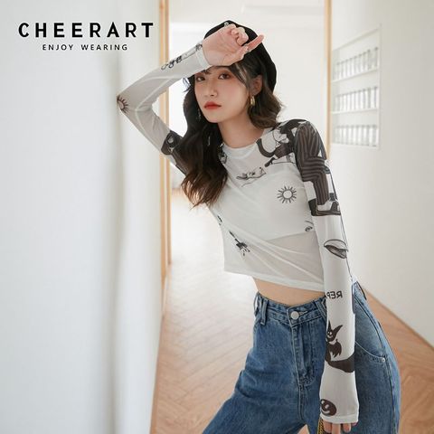 CHEERART – haut en maille blanche à manches longues pour femmes, t-shirt basique, Transparent, serré, Vintage, imprimé, été, mode 2022 ► Photo 1/5