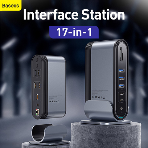 Baseus double type-c HUB 17 en 1 adaptateur RJ45 vers Multi HD VGA 5USB Station d'accueil de travail pour ordinateur portable avec adaptateur secteur ► Photo 1/6