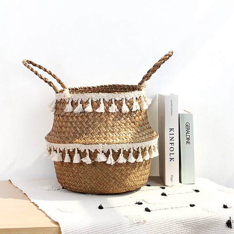 Panier de rangement en osier tissé d'herbe de mer, panier de plantes, Vase de fleurs de jardin, Pot pliable avec poignée ► Photo 1/6