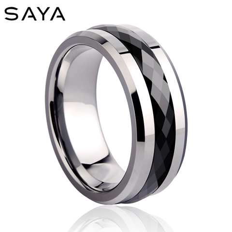 Bague pour hommes, 8mm largeur carbure de tungstène incrusté noir anneau en céramique à facettes multiples pour mariage, livraison gratuite, personnalisé ► Photo 1/6