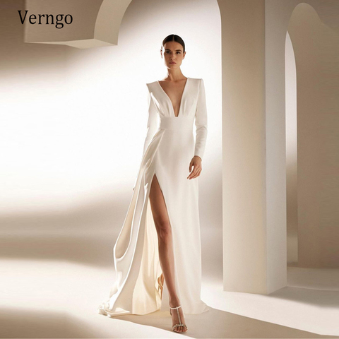 Verngo – robe de soirée en Satin doux pour femmes, tenue de cérémonie, Simple, manches longues, col en V, fente latérale haute, 2022 ► Photo 1/6