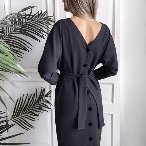 Robe de soirée trapèze à manches longues et col en V pour femmes, Vintage, boutons au dos, ceintures, Sexy, couleur unie, décontractée, élégante, mi-longue, nouvelle collection hiver 2022 ► Photo 1/6