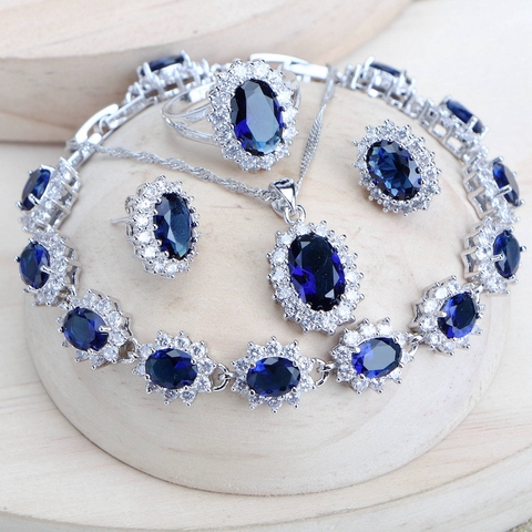 Argent 925 femmes ensembles de bijoux de mariée bleu zircone fantaisie Fine bijoux de mariage collier boucles d'oreilles anneaux Bracelets pendentif ensemble ► Photo 1/6