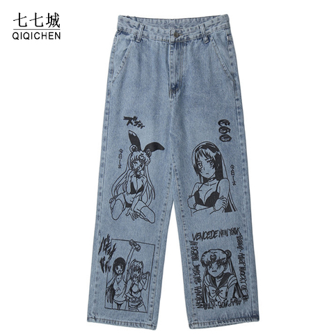 Marin lune imprimé Jean pantalon hommes japonais dessins animé Hip Hop sarouel pantalon Harajuku Streetwear ample jambe large pantalon Denim décontracté ► Photo 1/6