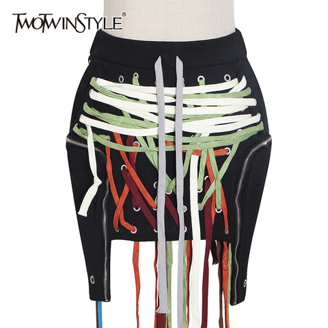 TWOTWINSTYLE Patchwork Irregular Bandage Women Skirt High Waist Mini Plus Size Casual Black Skirts Female 2022 Summer New Tide ► Photo 1/6