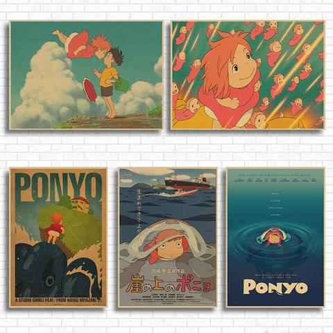 Vintage affiches Ponyo sur la falaise Hayao Miyazaki affiche décor à la maison autocollant mural rétro décoratif peinture ► Photo 1/6
