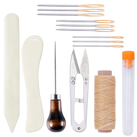 Kit de reliure artisanale en cuir, outils de démarrage, poinçon, Creaser de dossier d'os, fil ciré, aiguilles à coudre en cuir ciseaux ► Photo 1/6