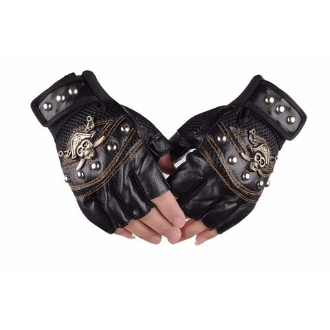 Gants en cuir crâne de Pirate, squelette, moto, course de croix, demi-doigt, crâne de Pirate, Rivet, Punk, gants de cyclisme ► Photo 1/5