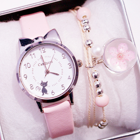 Montre-bracelet en cuir pour enfants, rose, chat noir, Quartz, cadeau pour filles, soldes ► Photo 1/6