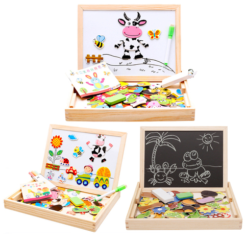 Puzzle 3D en bois pour enfants, jouets éducatifs multifonctions, réfrigérateur magnétique, planche à dessin, Animal, dessin animé ► Photo 1/6