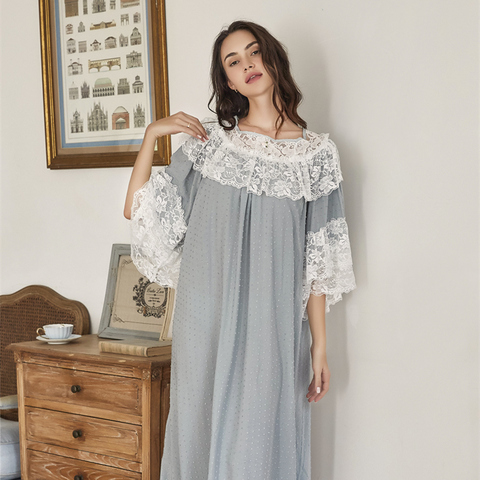 Robe de nuit en coton et dentelle pour femmes, longue, romantique, ample ► Photo 1/5