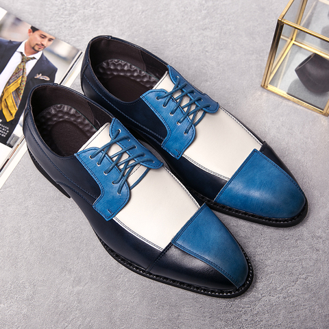 Glaçov-chaussures de marque à la mode pour hommes, chaussures avec bec pour mariage, mélange de couleurs, blanc/bleu, printemps-automne à lacets ► Photo 1/6
