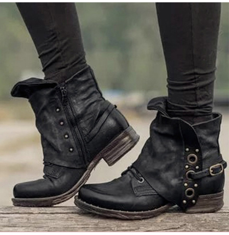 Bottines Vintage en cuir PU pour femme, chaussures d'automne et d'hiver à talons bas, style rétro, avec fermeture éclair ► Photo 1/5