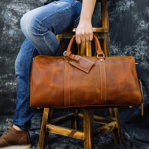 Sac de voyage vintage en cuir de vache pour hommes, sac de voyage en cuir de vache, fourre-tout épais et Crazy horse, 20 pouces ► Photo 1/6