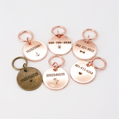 Étiquette personnalisée pour collier de chien en or Rose ou cuivre, identification d'animal de compagnie, nom de chat, os de chien, gravé ► Photo 1/5