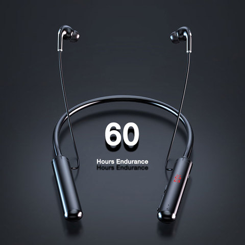 EARDECO 60 heures Endurance Bluetooth casque stéréo basse sans fil casque tour de cou puissance LED affichage casque TF carte aimant ► Photo 1/6