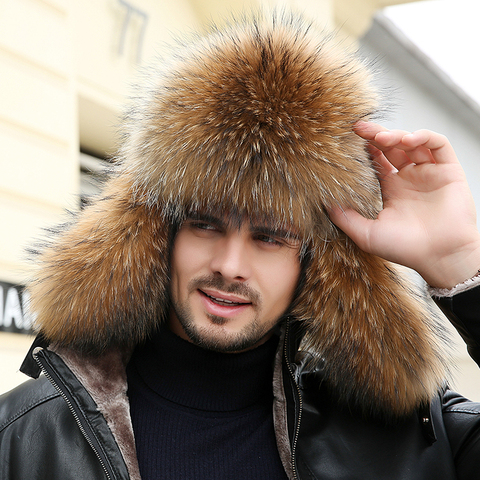 Hiver hommes 100% réel argent renard fourrure Bomber chapeau fourrure de raton laveur Ushanka casquette trappeur russe homme Ski chapeaux casquettes en cuir véritable ► Photo 1/6