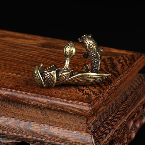 Figurines antiques en Bronze Lotus carpe poisson, décoration de bureau, ornement en laiton pur porte-encens Zen, accessoires de décoration pour la maison ► Photo 1/5