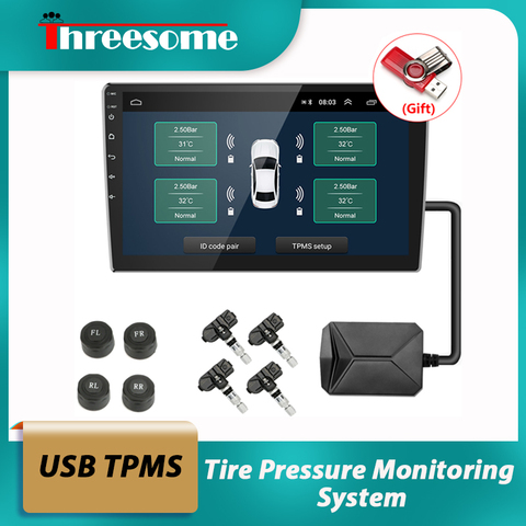 Système de surveillance de la pression des pneus, TPMS USB, Android, 4 capteurs internes/externes, alarme de température, pour autoradio, lecteur DVD ► Photo 1/6