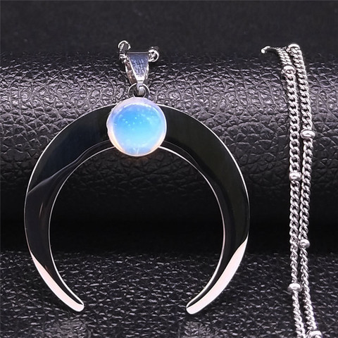 Bohème lune pierre de lune en acier inoxydable chaîne colliers femmes couleur argent pendentif collier bijoux collares para mujer N4419S04 ► Photo 1/6