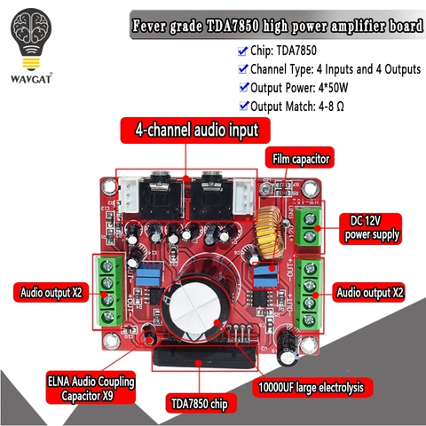 Carte d'amplificateur de puissance de la classe TDA7850 de fièvre carte d'amplificateur de puissance de voiture de 4 canaux 4X50W avec la réduction de bruit BA3121 ► Photo 1/6