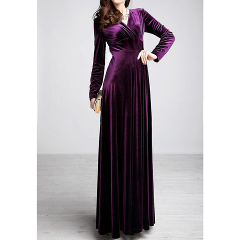 Robe longue en velours pour femmes, grande taille 4XL 5XL, col en v, manches longues, Maxi, robes de soirée élégantes, rouge, noir, hiver ► Photo 1/6