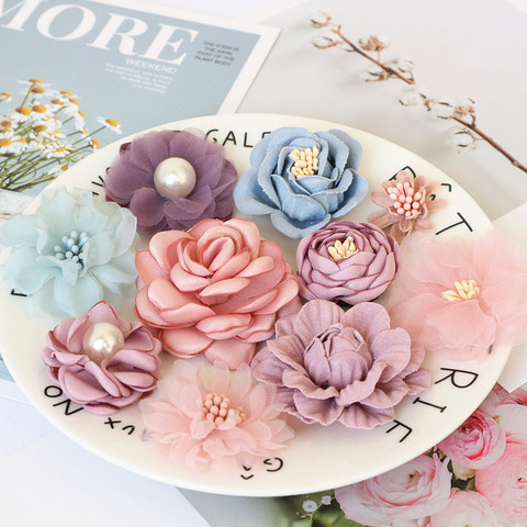 Mélange de fleurs en tissu 10 pièces/ensemble, fausses têtes de fleurs, pour décoration, accessoires de bricolage ► Photo 1/6