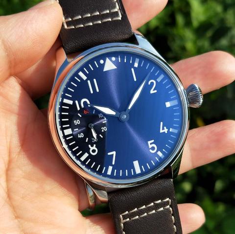 Pilote sans logo, vent manuel mécanique, 44mm, cadran bleu montre pour hommes verre minéral, saphir Seagull st3600-2 mouvement G039 ► Photo 1/6