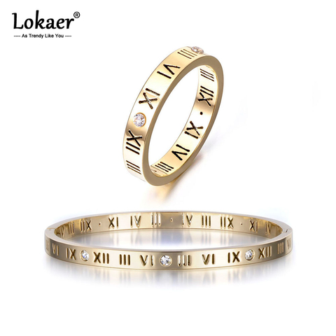 Lokaer-ensembles de bijoux, chiffres romains, anneaux classiques en acier inoxydable, zircone cubique, anneaux de mariage, or, SE031G ► Photo 1/6