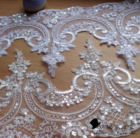 Tissu à paillettes, 1 Yard, blanc, ivoire, rouge, fleur, Venise, maille en dentelle, artisanat de couture appliqué, pour décoration de mariage ► Photo 1/5