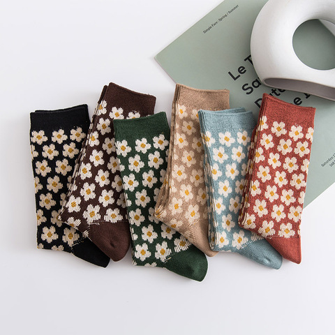 Chaussettes Tube confortables pour femmes, style rétro, marguerite, dessin animé, fleurs, Streetwear, Skateboard, coton, Harajuku, Kawaii, automne hiver ► Photo 1/5